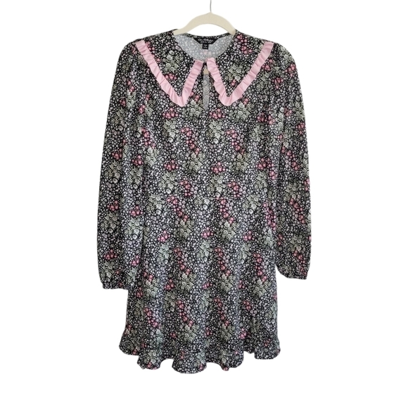 Asos Miss Selfridge Collared Black & Pink Floral Vtg Retro Inspired Dress Size 6 - Picture 1 of 9